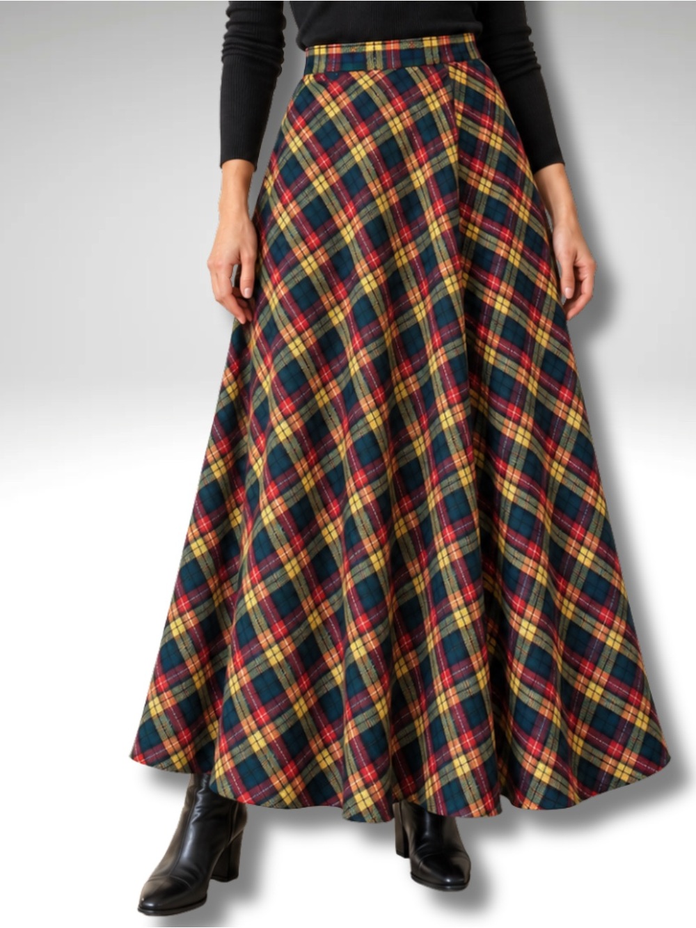 VTG Tartan Plaid Maxi Skirt High Waist Full A-Line Red Green Yellow 28” Waist